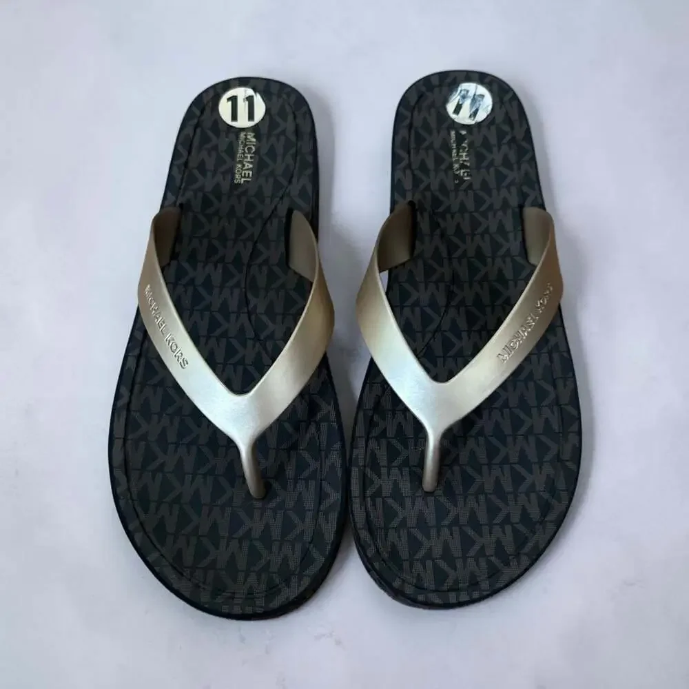 Michael Kors Monogram Print Flip Flop Sandals Brown and Gold Size 11